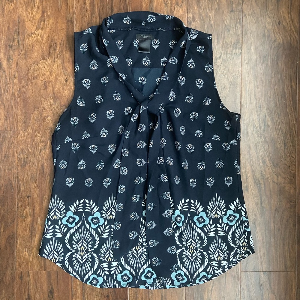 Ann Taylor sleeveless navy blouse with ties